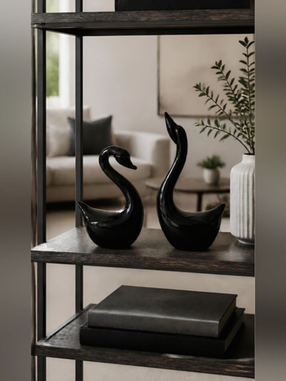 Vintage HALLMARK CROWNING TOUCH Black Glass Swans Set of 2